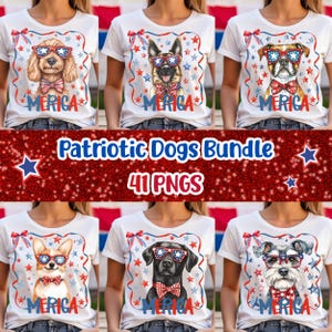 Paquete de imágenes prediseñadas de perros patrióticos, 41 imágenes PNG del 4 de julio de Estados Unidos, adorables perros de acuarela del Día de la Independencia, descarga instantánea, sublimación e impresión DTF.