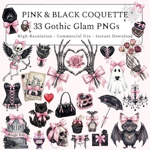May include: Digital clip art set with a gothic theme in pink and black. The illustrations include a skeleton cupid, a black cat with a pink bow, a skull, a tombstone, a corset, and other designs. Text reads "PINK & BLACK COQUETTE" and "33 Gothic Glam PNGs."
