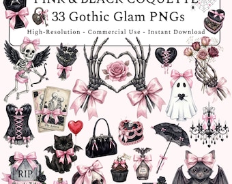Goth Coquette PNG Bundle, 33 Pink and Black Gothic Glam Clipart, Spooky Valentine, Skeleton Heart Hands, Valloween, Commercial Use