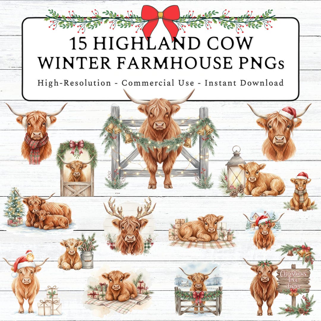 Highland Cow Christmas Clipart | Winter Farmhouse PNG Bundle (digital ...