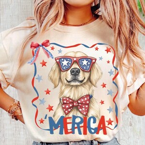 Clipart patriottico di Golden Retriever in formato PNG, Cane per il 4 luglio in formato PNG, Illustrazione digitale di un cane degli Stati Uniti, Cane con fiocco a stelle e strisce in sublimazione