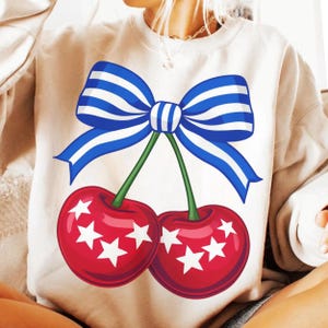 Cerise patriotique PNG - Clipart cerises du 4 juillet - noeud bleu blanc rouge USA PNG - sublimation de fruits étoiles mignonnes - téléchargement immédiat