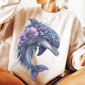 Sublimazione PNG di delfini Boho / Clipart di delfini floreali / Download digitale di animali dell'oceano / Arte mistica della vita marina / Design per magliette con spirito marino