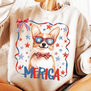 Clipart patriottico Corgi PNG, Cane del 4 luglio PNG, Illustrazione digitale di un cane degli Stati Uniti, Cane con fiocco a stelle e strisce in sublimazione, DTF PNG