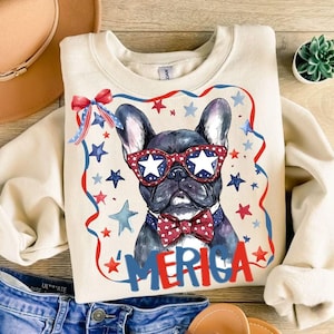Frenchie Hund Pathrmäßig Png Clipart, Fourth Of Juli Hund Png, USA Hund Digitale Illustration, niedlicher Hund mit Sternen und Streifen Schleife Sublimation
