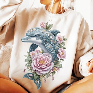Sublimation PNG avec dauphin bohème | Clipart floral dauphin | Téléchargement numérique d'animaux marins | Art mystique de la vie marine | Conception de chemise Sea Spirit