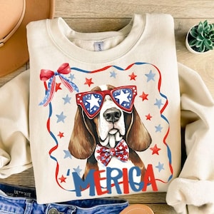 4 juli patriottische Basset Hound clipart png-ontwerp, schattige Fourth of July hond png, Amerikaanse hond T-shirt design dtf digitale download