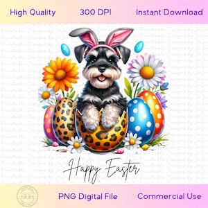 Cane Schnauzer Pasqua PNG, cucciolo carino, orecchie da coniglio, uova di Pasqua, sublimazione, arte murale per cani, fiocco da civetta, divertente Pasqua PNG, regalo tazza, trasferimento