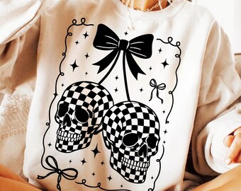 コケットチェックチェリースカルPNG、ハロウィンゴシックデジタルダウンロード、トレンディなハロウィンシャツデザイン