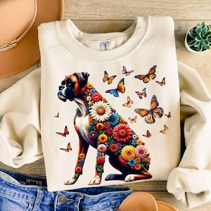Boxer Dog Floral PNG, Colorful Butterfly Dog Clipart, Spring Boxer Dog Sublimation Design, Boho Dog Art for Shirts and Gifts, DTF Png