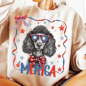 Grappige 4 juli patriottische poedel hond clipart png-ontwerp, schattige Fourth of July hond png, t-shirt design poedel Amerikaanse vlag, dtf downloaden