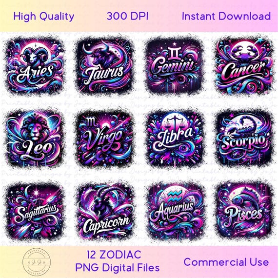 Zodiac PNG Bundle – Graffiti Horoscope Clipart (Digital Download)