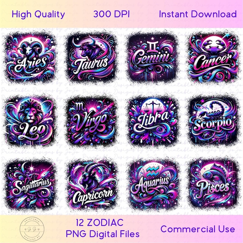 May include: Twelve colourful digital illustrations of the zodiac signs. Each sign is depicted in a unique style with a cosmic background. The signs are Aries, Taurus, Gemini, Cancer, Leo, Virgo, Libra, Scorpio, Sagittarius, Capricorn, Aquarius, and Pisces.