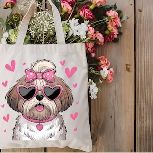 Shih Tzu Dog Valentine PNG, chiot mignon, noeud rose, lunettes de soleil coeur, sublimation, art mural chien, noeud coquette, Saint Valentin PNG à télécharger