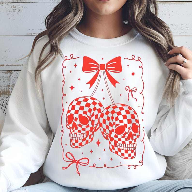 Coquette Checkered Cherry Skull PNG, Halloween Gothic Digital Download, Trendy Halloween Shirt Design image 5