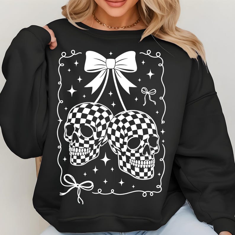 Coquette Checkered Cherry Skull PNG, Halloween Gothic Digital Download, Trendy Halloween Shirt Design image 3