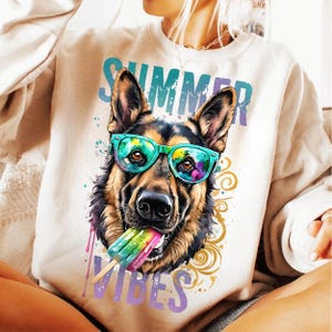 Summer Vibes German Shepherd PNG, Dog with Sunglasses & Popsicle, Retro Summer Sublimation, Funny Dog Shirt Design, Instant Download