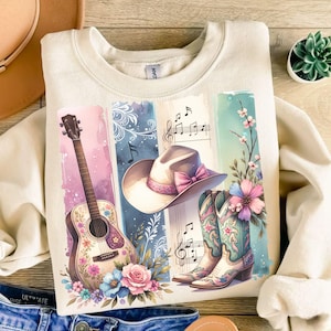Clipart PNG Boho Western, stivali da cowgirl ad acquerello, cappello, chitarra (download digitale)