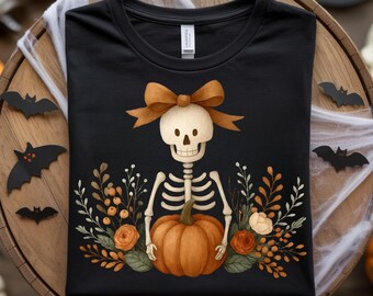 Boho Halloween Skeleton Pumpkin PNG: Fall Watercolor Floral Clipart (Digital Download)
