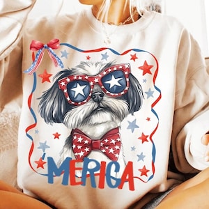 Conception drôle de clipart patriotique de chien shih tzu du 4 juillet, mignon chien du 4 juillet Png, conception de t-shirt américain Shih Tzu, Dtf png Télécharger