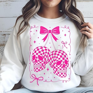 Coquette Checkered Cherry Skull PNG, Halloween Gothic Digital Download, Trendy Halloween Shirt Design image 4