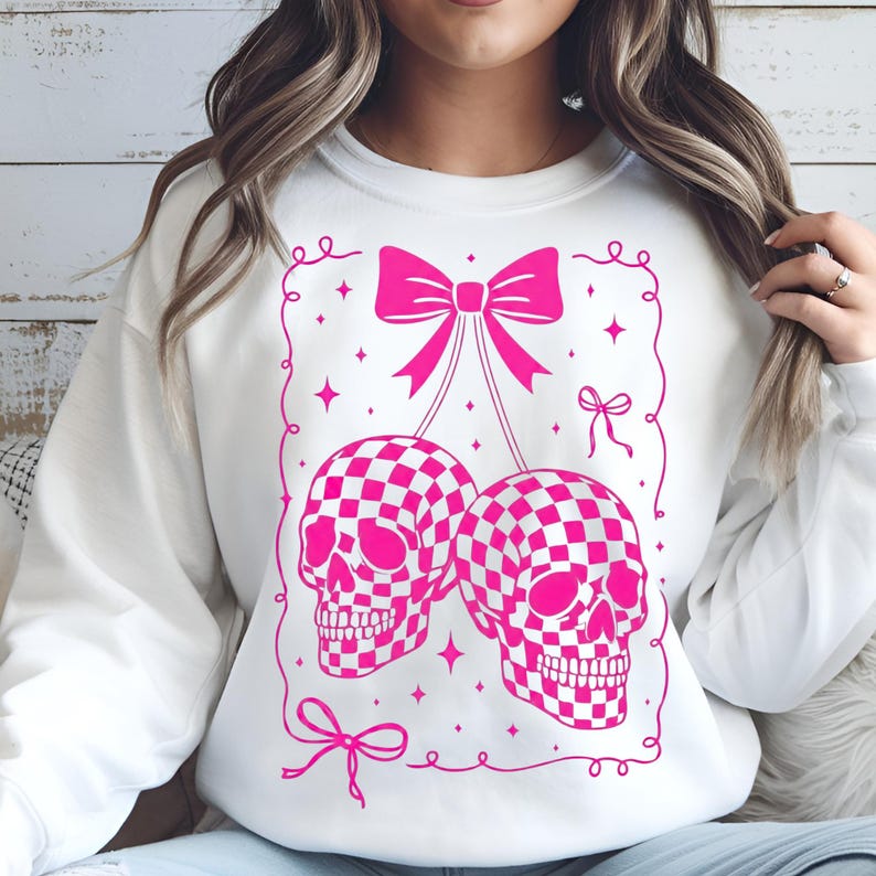Coquette Checkered Cherry Skull PNG, Halloween Gothic Digital Download, Trendy Halloween Shirt Design image 4