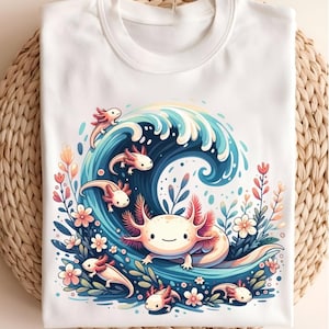 Cute Axolotl PNG, Kawaii Ocean Wave Axolotl Clipart, Watercolor Amphibian Sublimation Design, Pastel Sea Animal Art for Kids, Dtf png