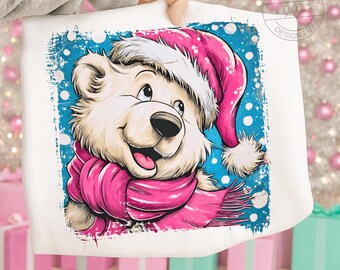 May include: A white graphic print featuring a cartoon polar bear wearing a pink Santa hat and scarf. The bear has a happy expression and is set against a blue background with white accents. The words "DIGITAL DOWNLOAD" are at the bottom.