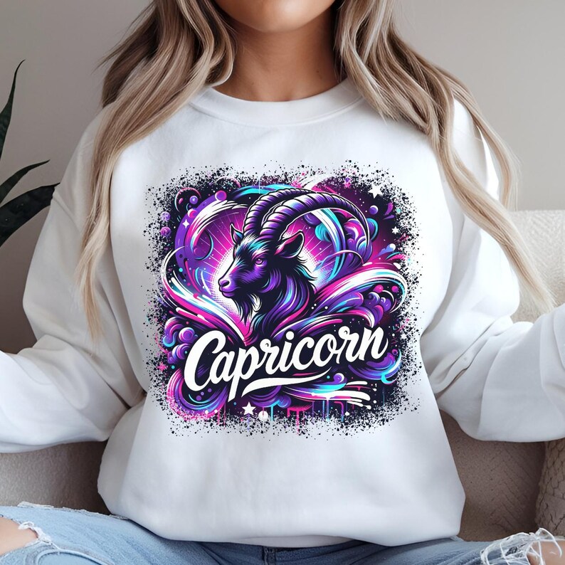 May include: White sweatshirt featuring a colourful graphic of a Capricorn zodiac sign with the word "Capricorn" in a stylised font.