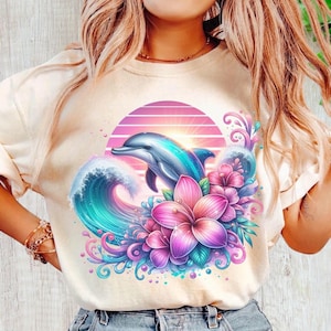 Dauphin rétro PNG Clipart, Sublimation de coucher de soleil vaporwave des années 80, conception florale tropicale de plage de dauphin, fichier graphique Dtf de chemise d&#39;été océan mignon