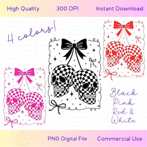 Coquette Checkered Cherry Skull PNG, Halloween Gothic Digital Download, Trendy Halloween Shirt Design image 2