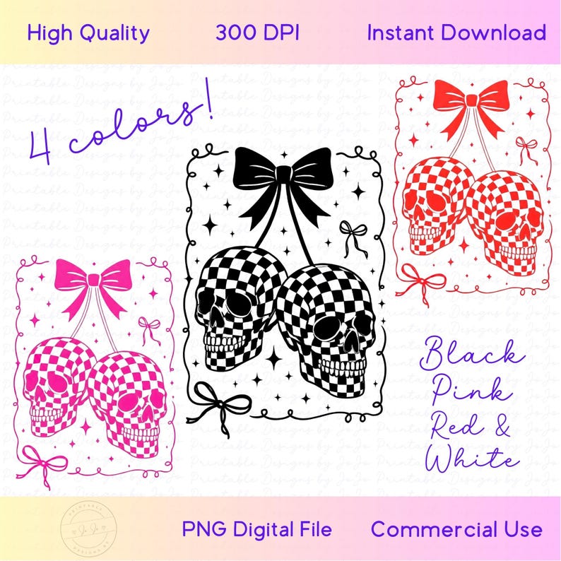 Coquette Checkered Cherry Skull PNG, Halloween Gothic Digital Download, Trendy Halloween Shirt Design image 2