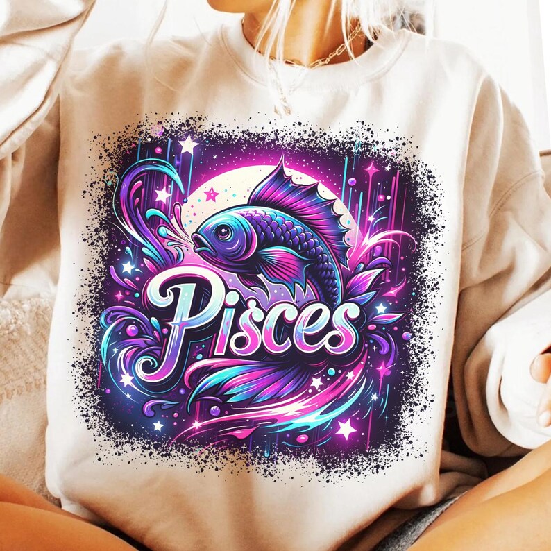 May include: A white sweatshirt featuring a colourful graphic design of a fish and the word "Pisces" in a stylised font. The design is set against a dark purple background with stars and swirls.