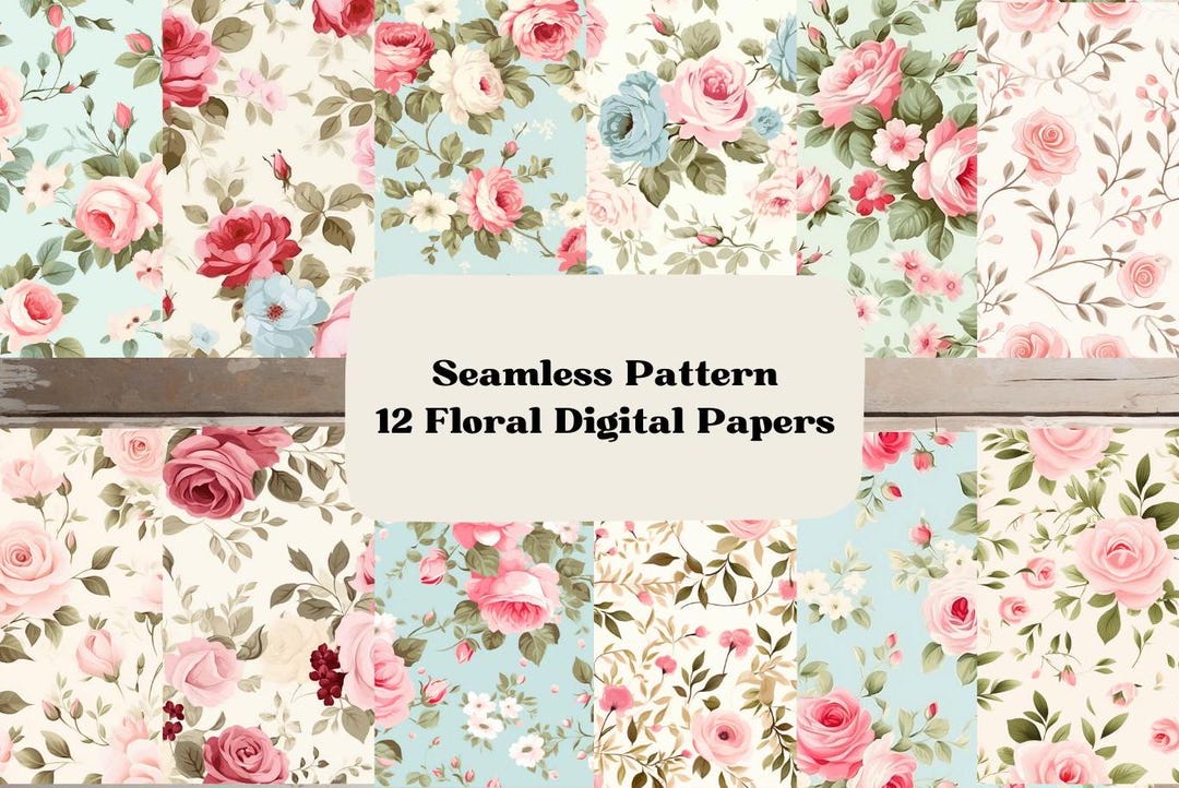 Floral Rose Digital Paper, 12 Vintage Seamless Patterns (PNG Download ...
