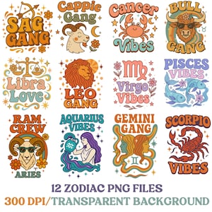 Zodiac png Bundle - Horoscope png - Print File - Retro Zodiac Sublimation Design - Shirt png - Celestial clipart - Download - DTF download