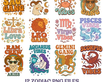 Zodiac Png Bundle, Trendy Horoscope clipart, Retro Cosmic Astrology Sublimation Designs for T-shirts, Celestial DTF design instant download