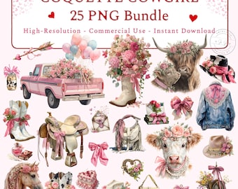 Coquette Cowgirl PNG Bundle, Pink Western Clipart, Watercolor Floral Graphics