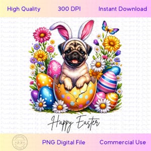 Pug Dog Easter PNG, Cute puppy, Easter Egg Floral Design, Sublimation, Dog wall art, Easter Bunny Digital Download, Terrier Dog, Transfer