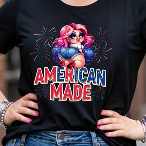 American Made 4th of July Women&#39;s T-Shirt, Funny Independence Day Graphic Tee, Patriotic Piggy Shirt, July 4th Fireworks Top, Red White Blue