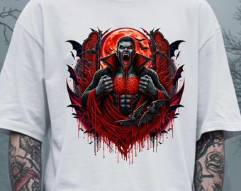 Gothic Vampire Halloween Shirt: Red Moon Graphic Tee, Edgy Horror Streetwear