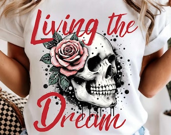 Maglietta grafica con teschio consumato: maglietta Livin' the Dream Retro Grunge Boho Comfort Colors