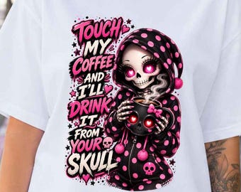 Funny Skeleton Coffee Lover Tee, Gothic Halloween Shirt, Spooky Season Gift, Cute Grim Reaper Pajama Shirt
