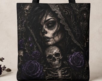 Dia de los Muertos Tote Bag, Gothic Skull and Roses Bag, Dark Floral Day of the Dead Tote