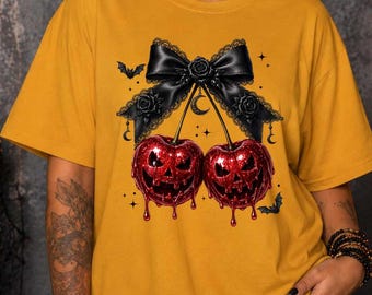 Coquette Halloween Cherry Shirt, Gothic Cherry Bow Tee, Spooky Cherry Graphic Shirt, Cute Halloween Shirt, Goth Aesthetic Tee
