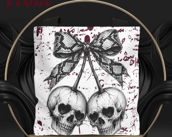 Gothic Skull Tote Bag, Skull Cherry Tote, Alternative Goth Bag, Dark Coquette Tote, Checkerboard Bow Bag, Spooky Everyday Tote