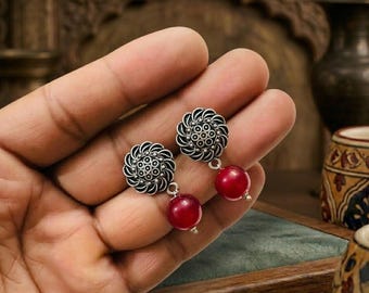 Oxidized Silver Red Bead Earrings, Handmade Indian Stud Earrings, Ethnic Boho Jewelry Gift for Her