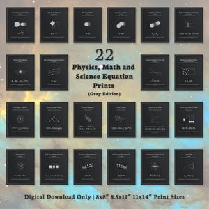 22 impresiones de ecuaciones de física, matemáticas y ciencias: carteles imprimibles de decoración minimalista moderna para aulas y habitaciones: descarga digital, edición gris