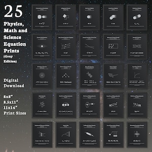 May include: A collection of 25 physics, math, and science equation prints in a gray edition. Each print features a specific scientific formula with a corresponding diagram on a dark background. The text includes 25 Physics, Math and Science Equation Prints (Gray Edition), Digital Download, and 8x8, 8.5x11, 11x14 Print Sizes.