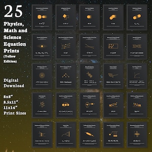 25 Physics Math Science Equation Prints (Yellow Edition) - Modern, Minimalist Classroom and Home Decor Posters (Digital Download)