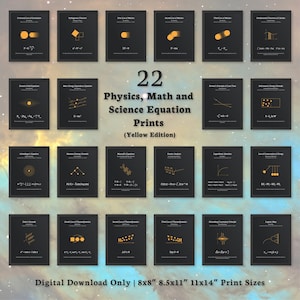 22 impressões de equações de física, matemática e ciências - pôsteres para decoração de sala de aula e quarto minimalistas modernos - download digital - edição amarela